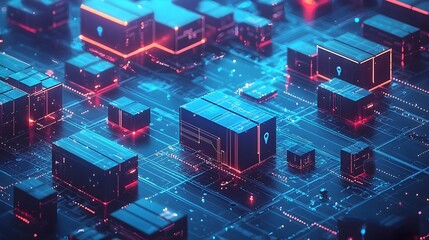 Aufkleber - Futuristic Augmented Reality Warehouse Setup for Streamlined Package Tracking and Delivery  Advanced logistics technology with glowing blue UI elements