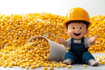 a 2D cartoon illustration of a young farmer smiling with a bucket of corn ready for feeding white background