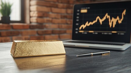 A gold bar rests on a wooden table beside a laptop displaying a financial graph, symbolizing wealth and investment opportunities.