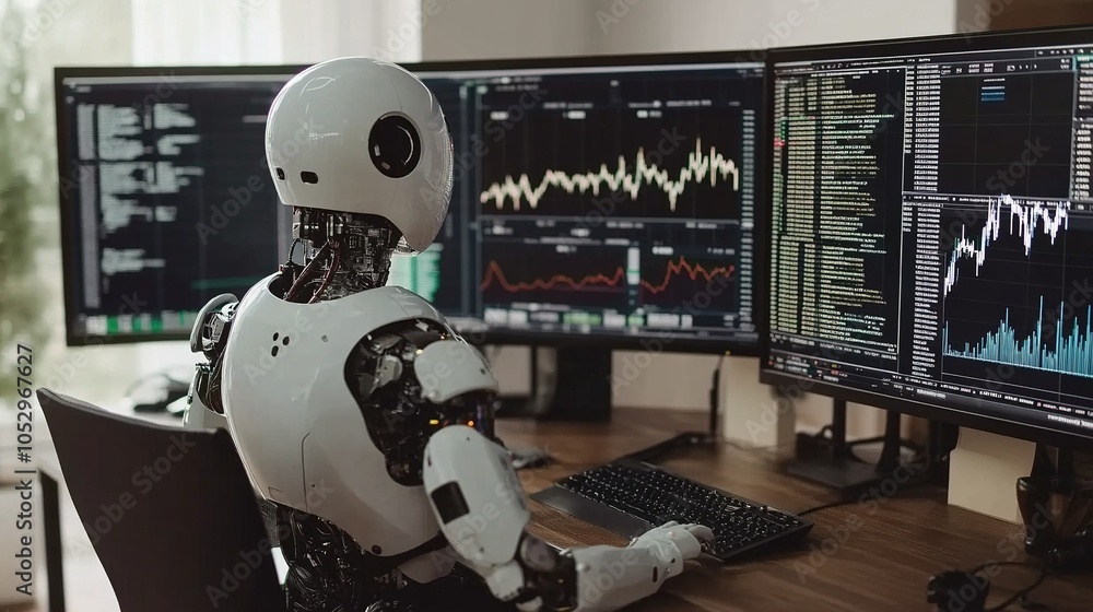 Robot AI Analyzing Financial Data on Multiple Monitors Stock Photo ...