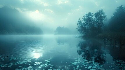 Poster - Serene Lake Landscape with Fog and Sun