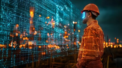 Wall Mural - a photography of an oil field with skilled energy workers monitoring holographic displays of drillin