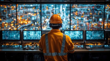 Wall Mural - photograph depicting oil field workers monitoring real time holographic displays of drilling progres