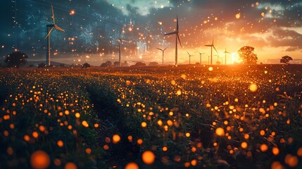 Partially constructed wind turbine standing tall in a vast field with holographic displays showcasing the project s completion status and providing valuable data for industry professionals