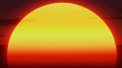 Wall Mural - beautifully loop large radiant sun rising setting fiery glow creating warm air horizon presented seamless 4K ultra HD big gold orange closeup sunset at time
