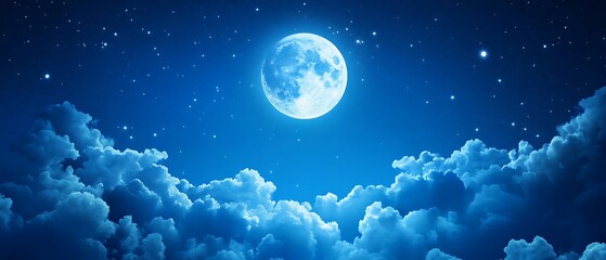 beautiful blue sky with white clouds and a moon.