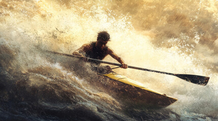 A kayaker navigates turbulent waters, showcasing skill and determination amidst powerful waves and dramatic lighting.