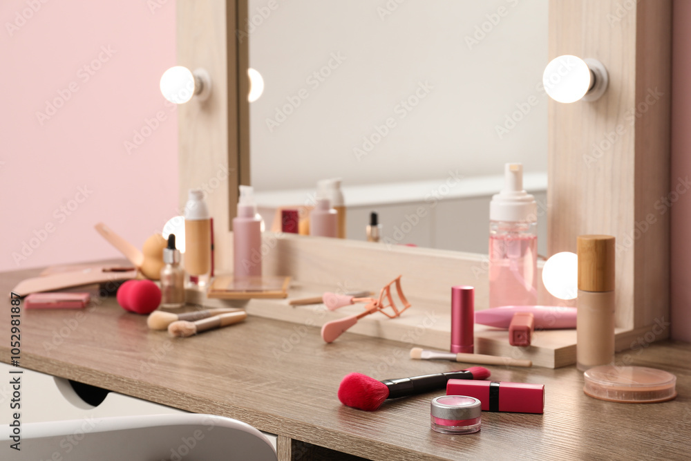 Dressing table with decorative cosmetics and makeup accessories near pink wall