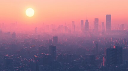 Wall Mural - Sunset Over the Bustling Metropolis: A Hazy Urban Landscape