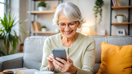 Wall Mural - Portrait, Happy retired woman using smartphone  chat with friend