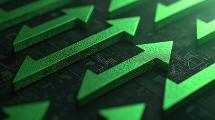 A close-up of green arrows on a dark, textured background, symbolizing growth, upward trends, and progress in a digital context.