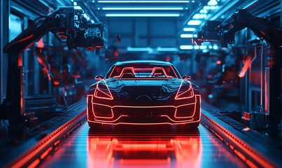 Fototapete - A black sports car on an assembly line with robotic arms and blue and red lighting.