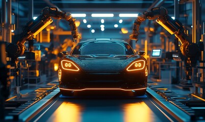 Poster - A black sports car on an assembly line, being worked on by two robotic arms.