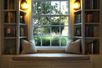 Cozy reading nook with built-in bookshelves, cushioned window seat, soft lighting, peaceful garden view, inviting and tranquil space