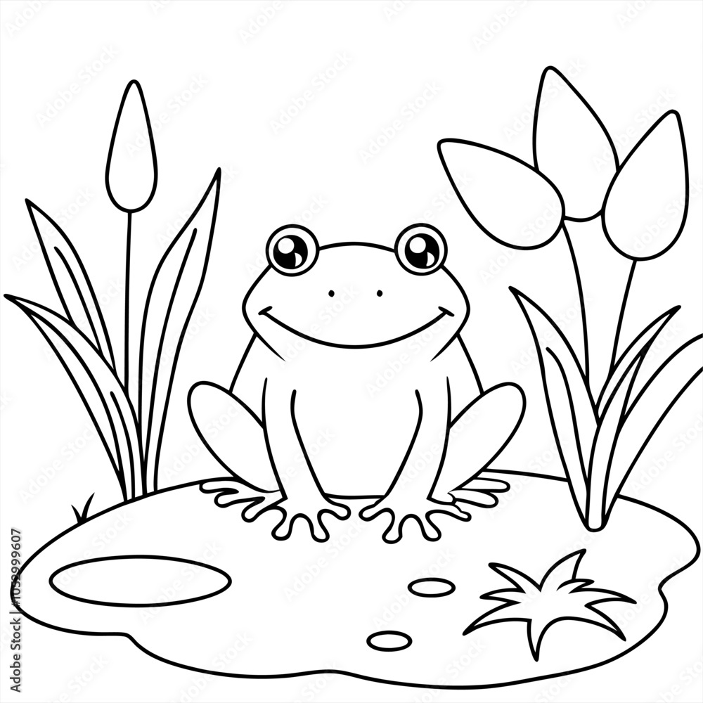 Frog in a pond with plants vector art coloring page illustration ...