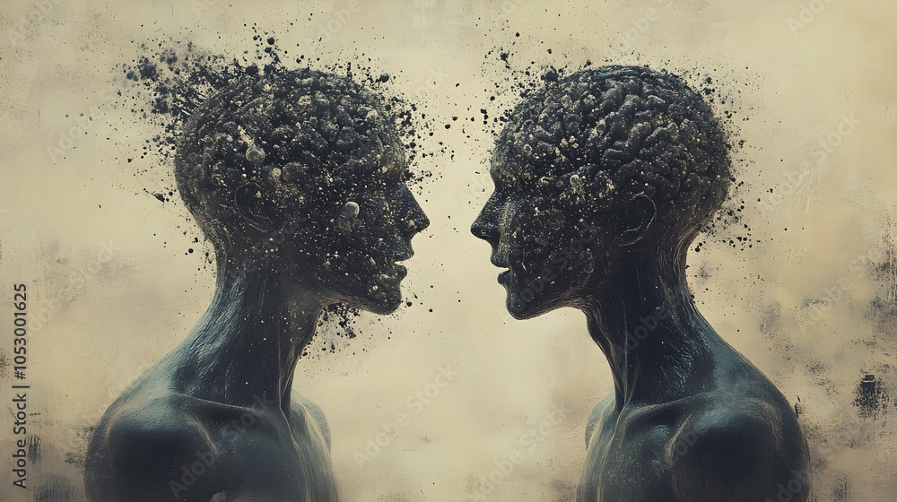 Dissolving brains made of particles on two figures, their forms ...