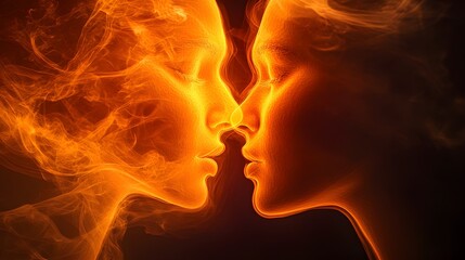 Fiery orange faces melting into one another, glowing with passion and emotion, symbolizing the warmth and intensity of human relationships in a bright haze