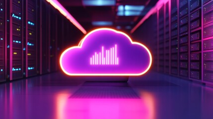 A Neon Cloud Symbol in a Server Room Representing Cloud Computing