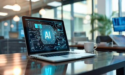 Wall Mural - ai technology concept with laptop and hologram icon of artificial intelligence, text ai on the scree