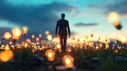Wall Mural - A lone figure in a suit, standing amidst a field of blooming light bulbs, each bulb representing a different innovative idea.