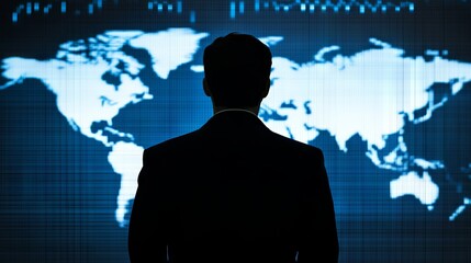 A silhouette of a man stands before a digital world map, symbolizing global business, innovation, and strategic thinking.