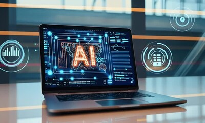 Wall Mural - ai technology concept with laptop and hologram icon of artificial intelligence, text ai on the scree