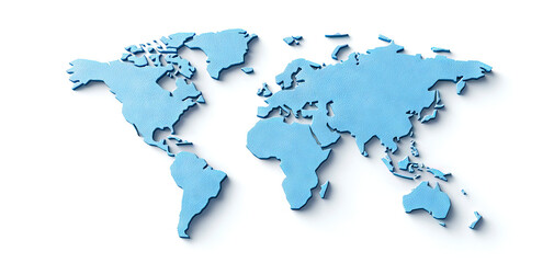 a stylized blue map of the world, featuring the continents in relief against a white background, con