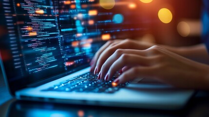 Hands Typing on Laptop with Code and Light Effects