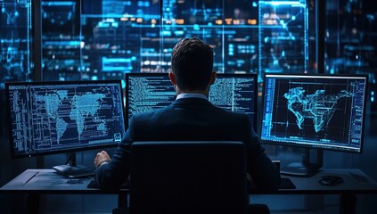 a businessman sits in front of three computer screens, working on a project. the screens are filled 