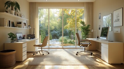 Wall Mural - A modern home office with two desks, chairs, and a large window overlooking a lush green garden.