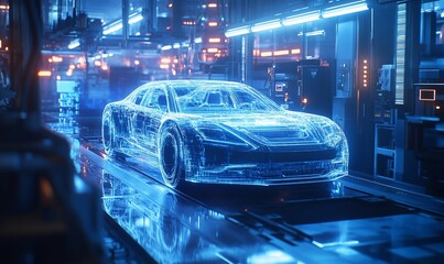 Poster - A futuristic car assembly line, with a wireframe car being assembled.  The line is lit with blue and orange lights, creating a futuristic and modern look.