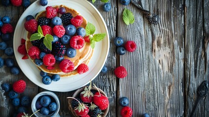 A plate of pancakes with fresh fruit, including strawberries, blueberries, and raspberries.