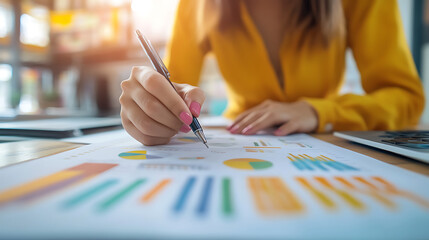 person is analyzing data and writing notes on report with colorful charts