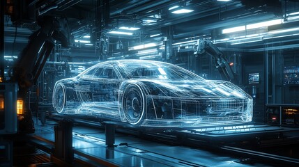 Poster - A futuristic car being assembled on an automated production line. The car is transparent and illuminated with blue light.