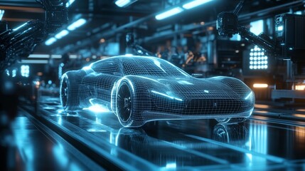 Fototapete - A futuristic car is being assembled in a factory with advanced robotics and glowing blue lights.