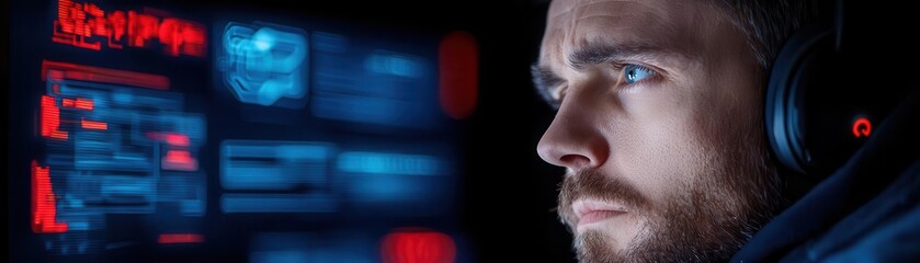 Focused man with headphones, working at a high-tech computer.