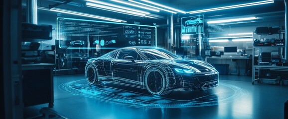 Fototapete - A futuristic car surrounded by a digital interface in a garage with blue lighting.