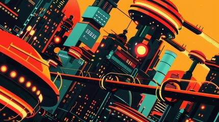 Futuristic Cityscape with Orange and Black Color Scheme