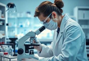 Female Scientist Using Microscope in Lab Medical Research Healthcare Discovery