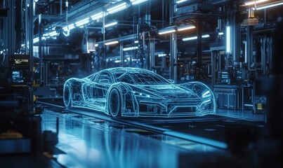 Poster - A futuristic, wireframe sports car moves along an assembly line in a modern factory.