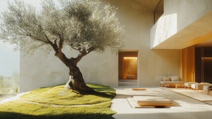 a luxury hotel interior with a chic garden patch featuring an olive tree in a grassy nook, enhancing