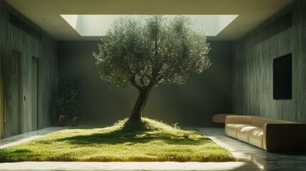 a luxury hotel interior with a chic garden patch featuring an olive tree in a grassy nook, enhancing