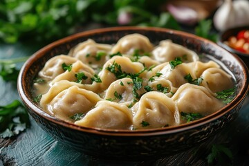 Wall Mural - Steaming hot bowl of dumplings garnished with fresh parsley