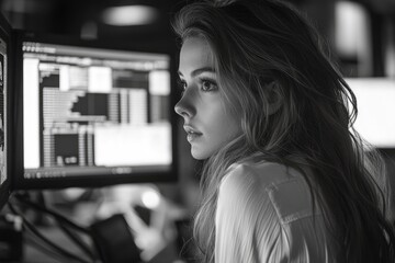 Young woman programmer working late on computer code at night in office