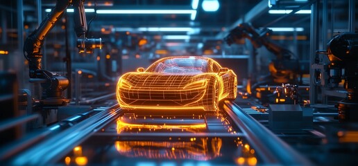 Poster - A glowing wireframe car model is moving on a conveyor belt in a futuristic car factory.