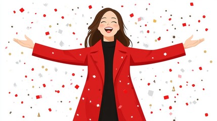 Happy Woman in Red Coat Celebrating with Confetti