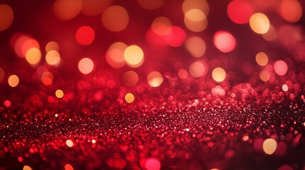 Wall Mural - festive christmas background with red holiday light bokeh and glitter, abstract red shimmering light