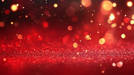Wall Mural - festive christmas background with red holiday light bokeh and glitter, abstract red shimmering light