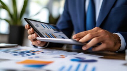 Wall Mural - A businessman strategizing with digital marketing plans, using a tablet to assess