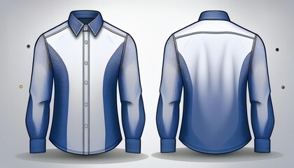 A stylish blue and white shirt displayed from the front and back, featuring a sleek design and intricate stitching.